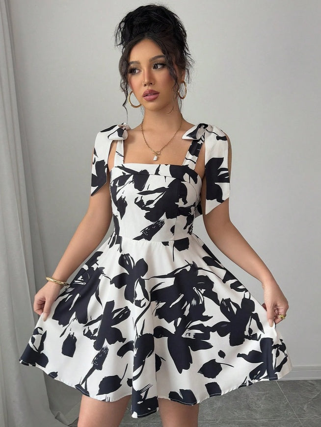 Black Shoulder Tie Up Waist Fitted Dress