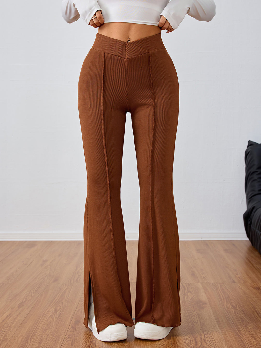 Brown Elastic Waist Slit Trouser