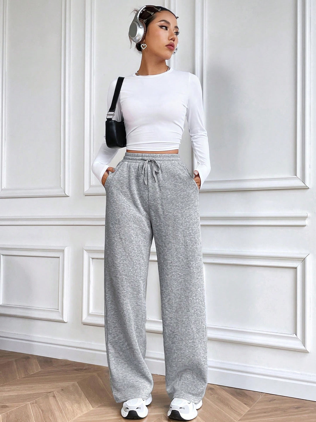 Grey Solid Basic Wide Leg Sweatpants