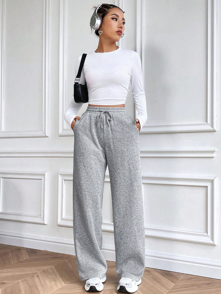 Grey Solid Basic Wide Leg Sweatpants