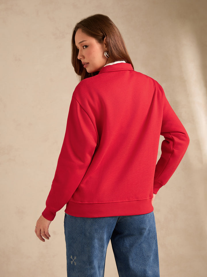 Red Solid Oversized Zipper Sweatshirt