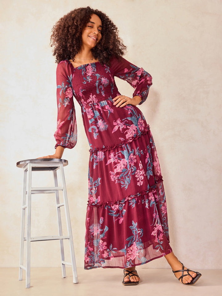 Maroon Full Sleeve Fit & Flare Dress
