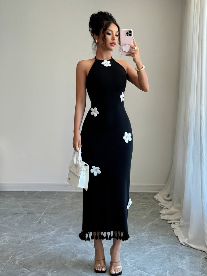 Black Halter Neck Tassel Attached Dress