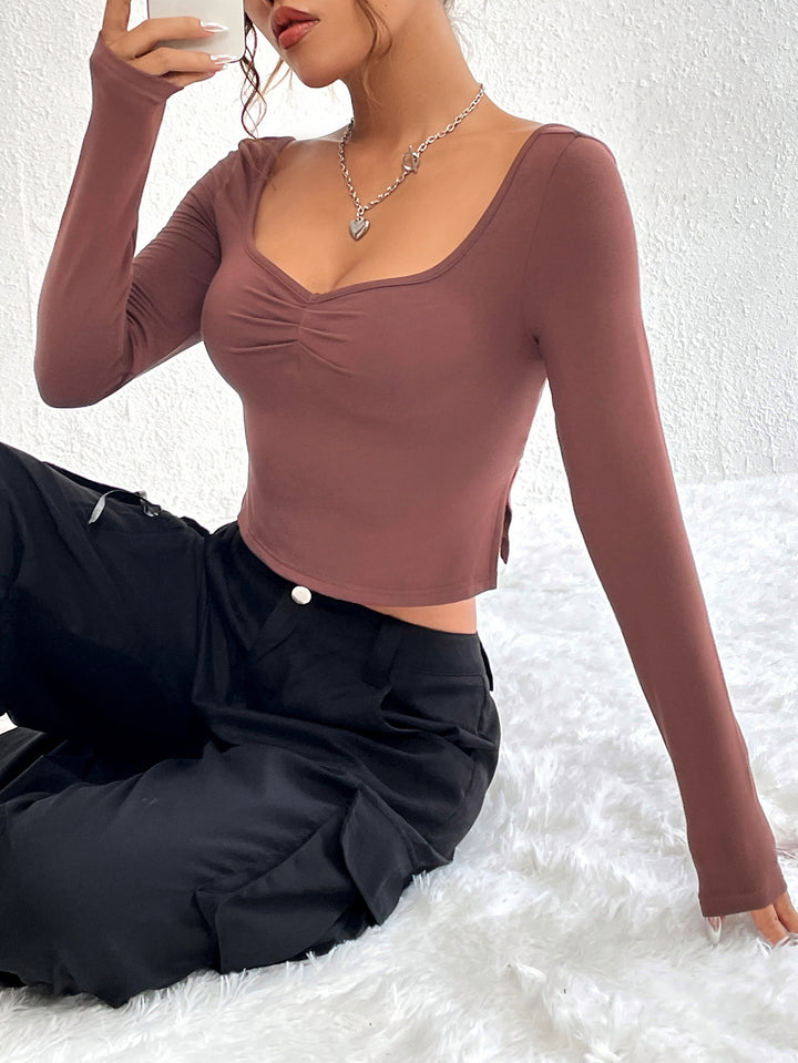 Brown Scoop Sweetheart Neckline Fitted Top