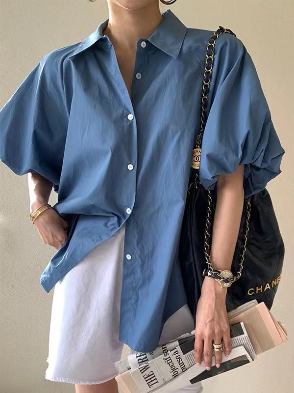 Blue Bubble Sleeve Shirt