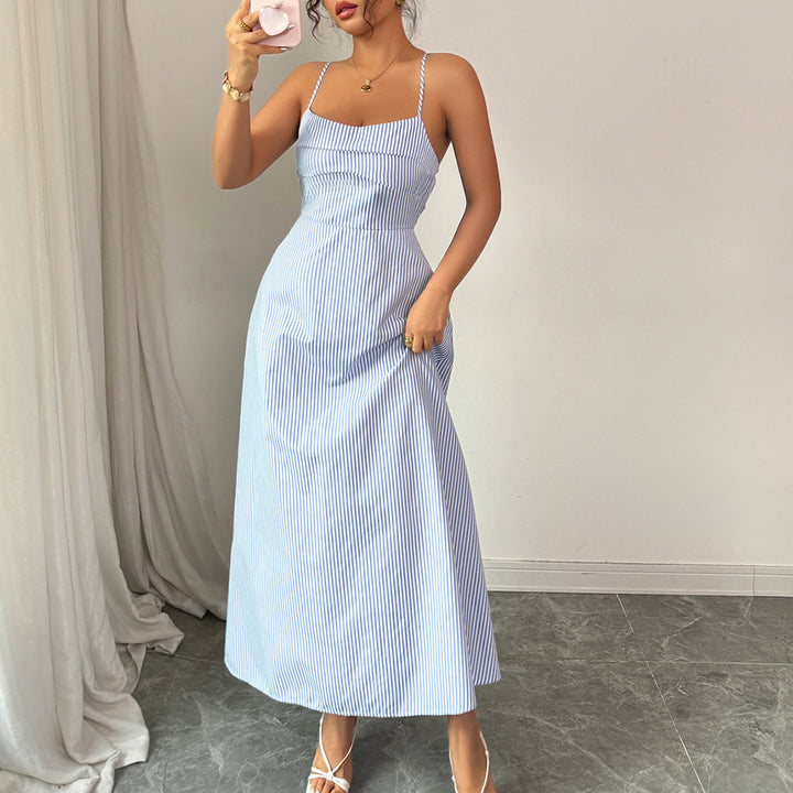Blue Backless Striped Maxi Dress