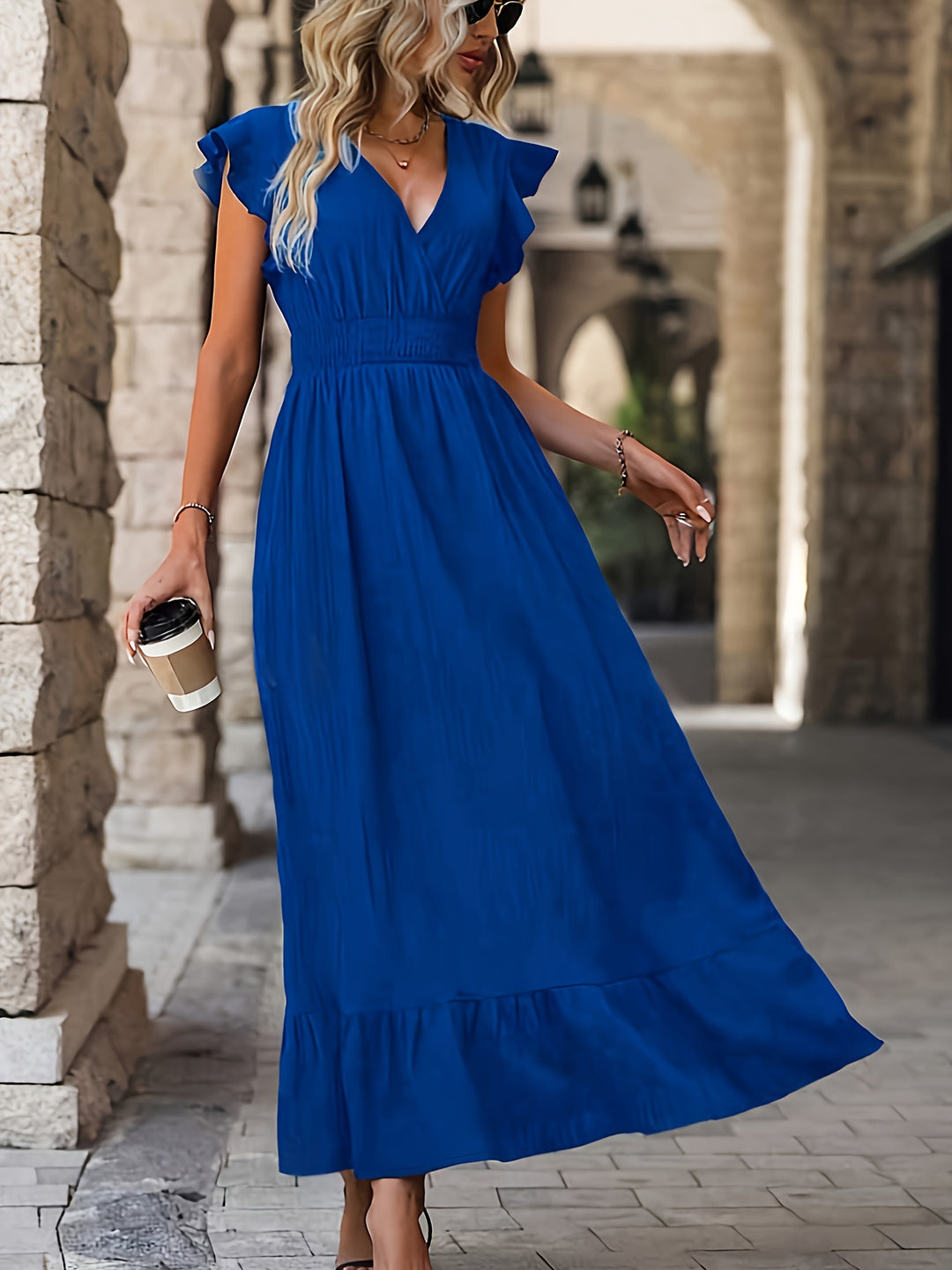 Blue Flutter Sleeves Solid Dress
