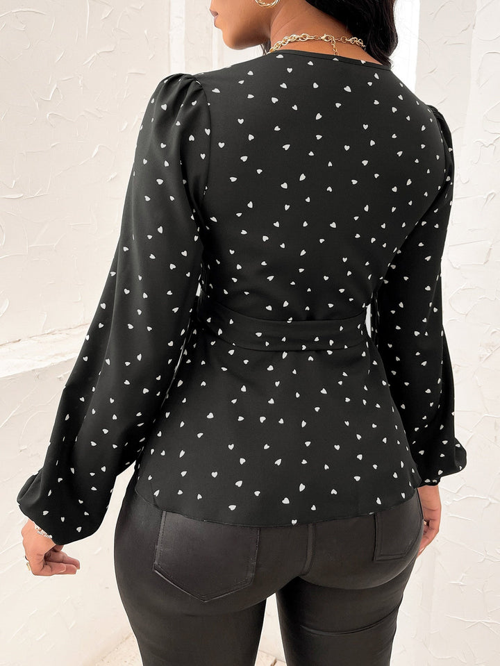 Black Puff Sleeve V Neck Belted Top