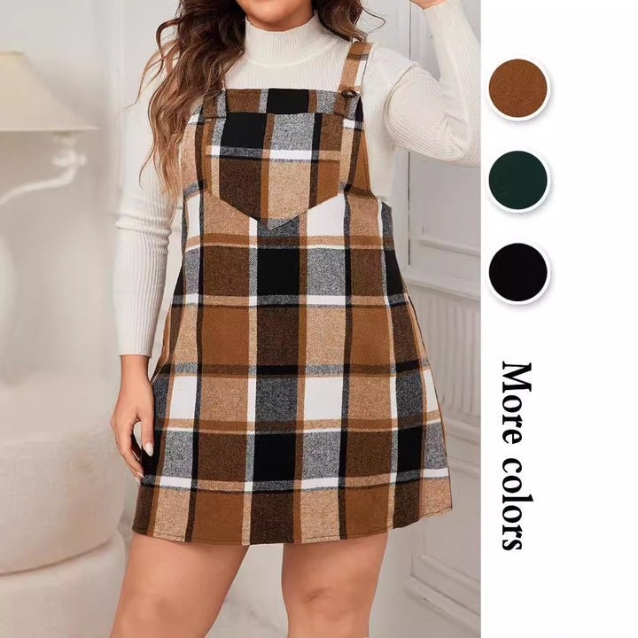 Brown Check Mini Pinafore Dress With Yoke Detail