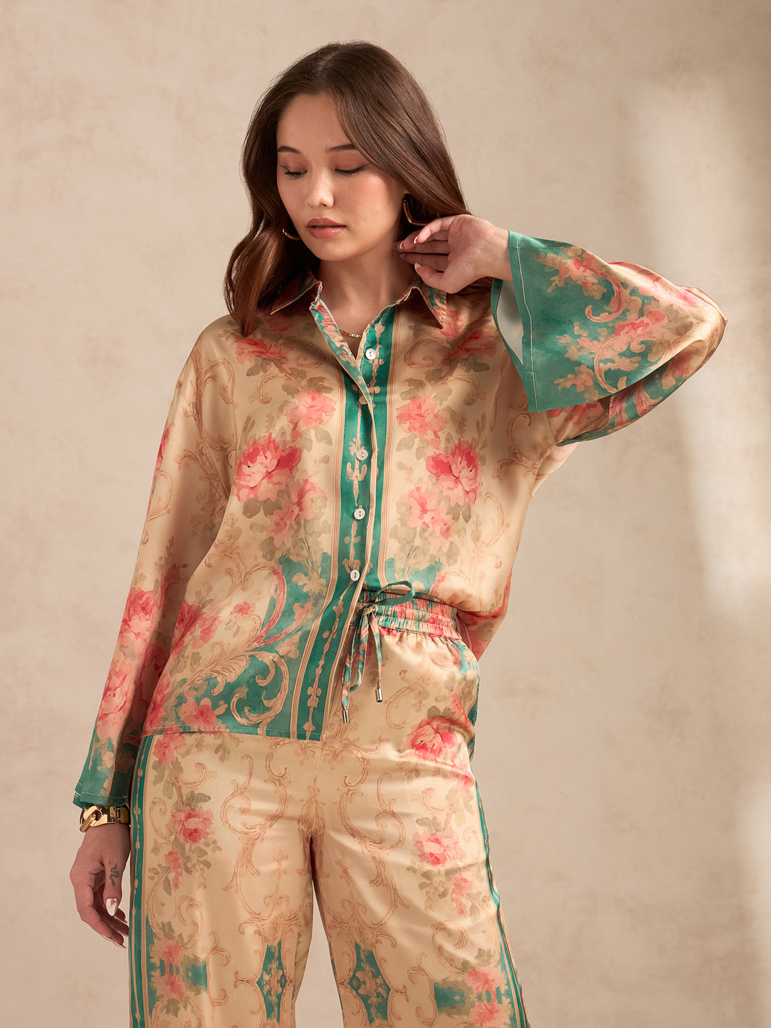 Peach Relax Fit Printed Satin Shirt With Wide Leg Trousers Set