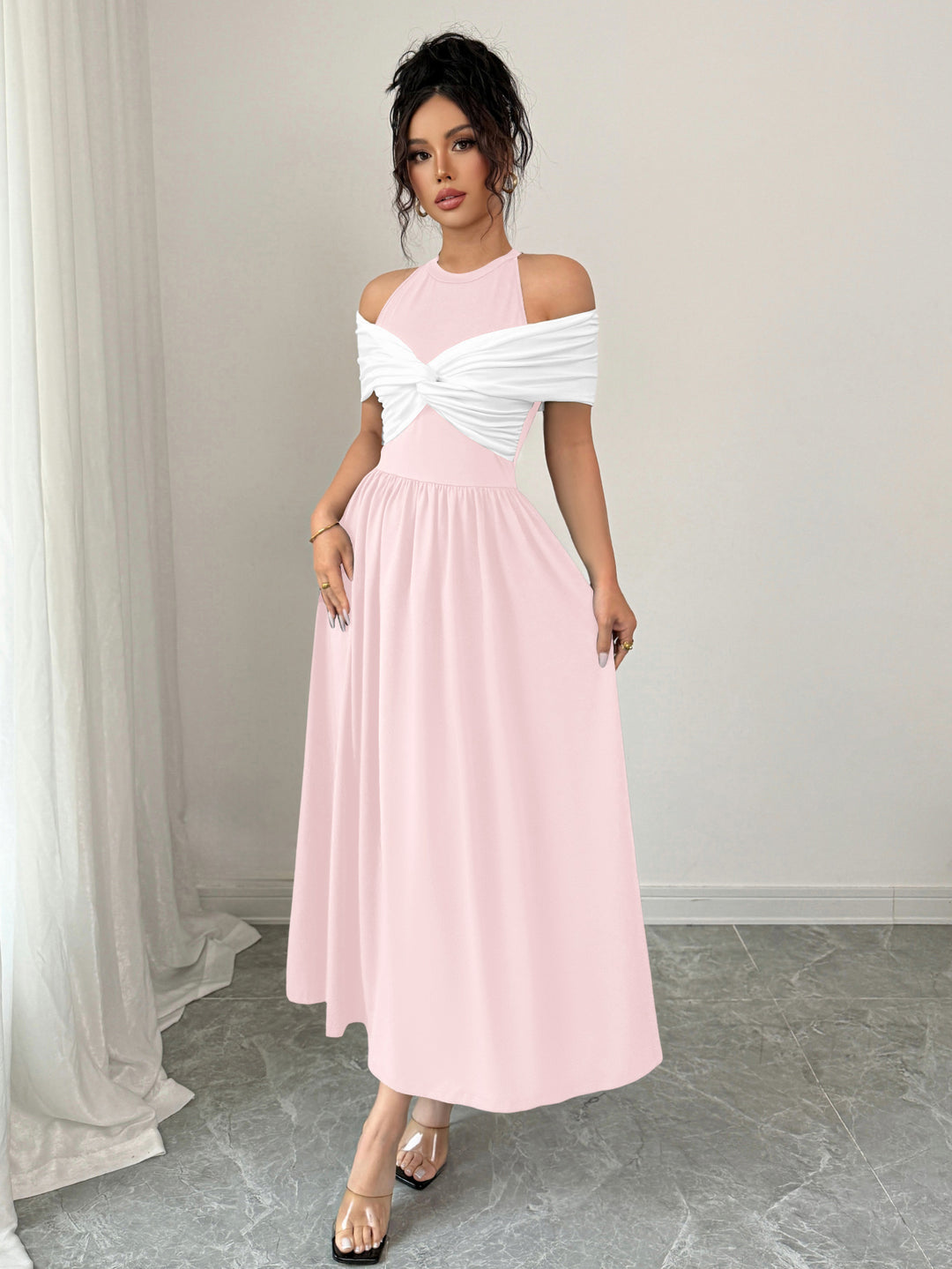 Pink Twisted Contrast Off Shoulder Dress