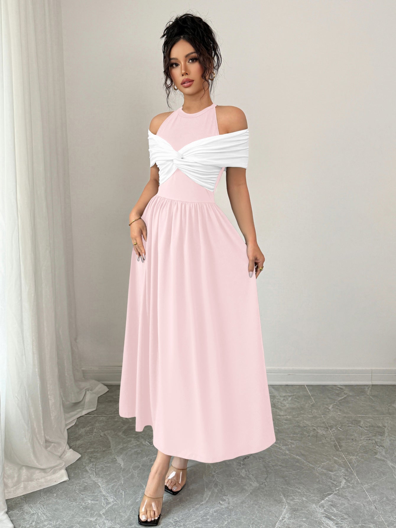Pink Twisted Contrast Off Shoulder Dress
