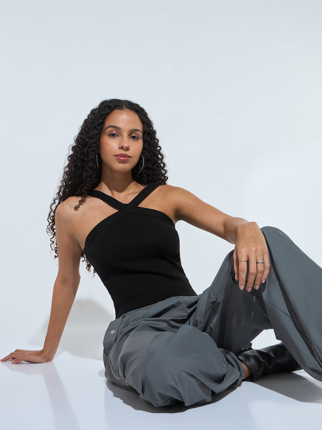 Black Halter Neck Band Tank Top
