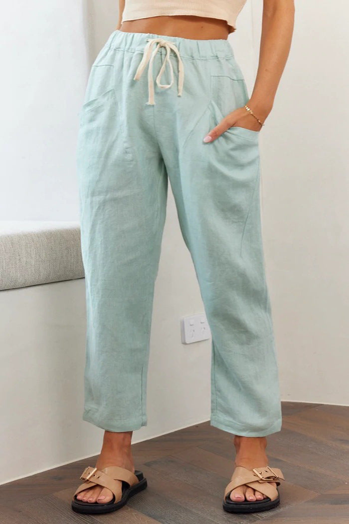 Blue Waist Tie Up Narrow Leg Trouser
