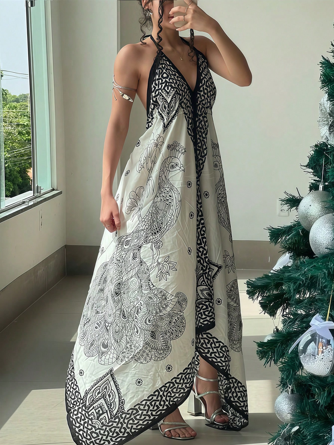 Multi Printed Halter Neck Backless Dress