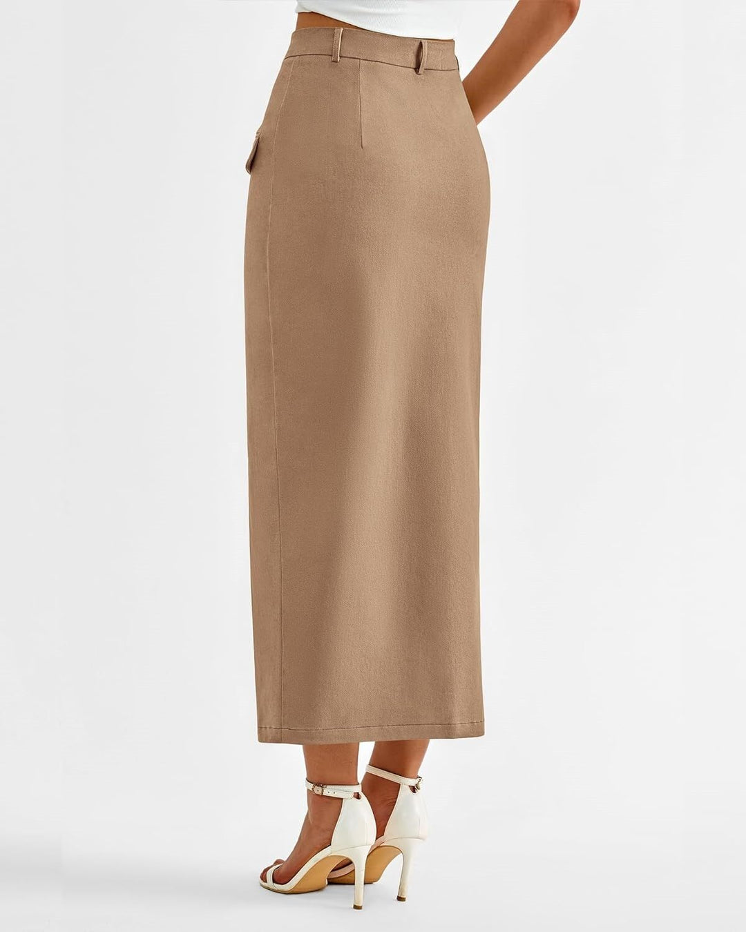 Khaki Front Pocket With Pocket Midi Skirt