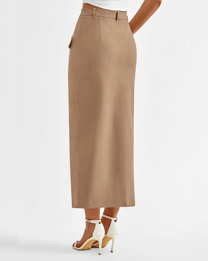 Khaki Front Pocket With Pocket Midi Skirt
