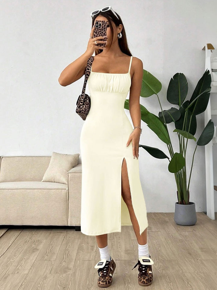 Cream Shoulder Strap Slit Dress