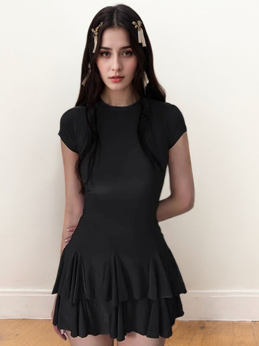 Black Short Sleeve Fringes Attached Dress