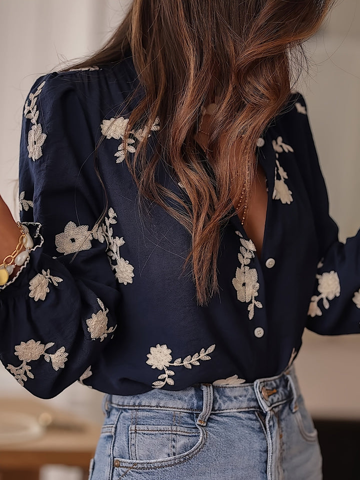 Navy Blue Bishop Sleeve Front Buttoned Embroidered Top