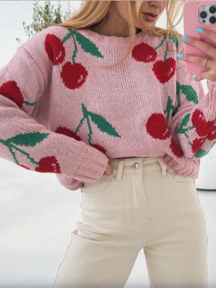 Pink Full Sleeves Printed Relaxed Sweaters