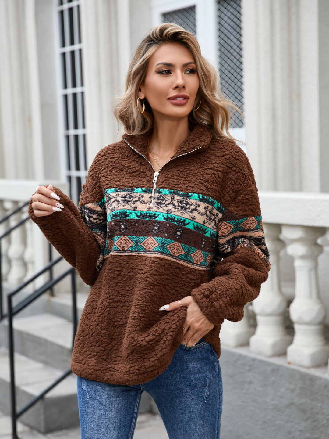 Brown Full Sleeve Half Zip Printed Sweatshirt