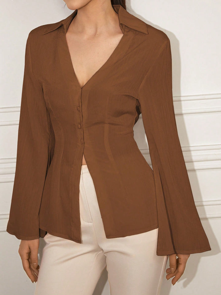 Brown V-Neck Long Sleeve Shirt
