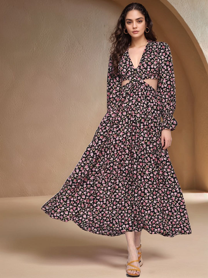 Black Full Sleeves Waist Cut-Out Printed Dress