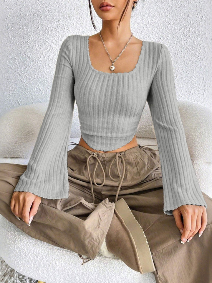 Grey Bell Sleeve U-Hem  Top