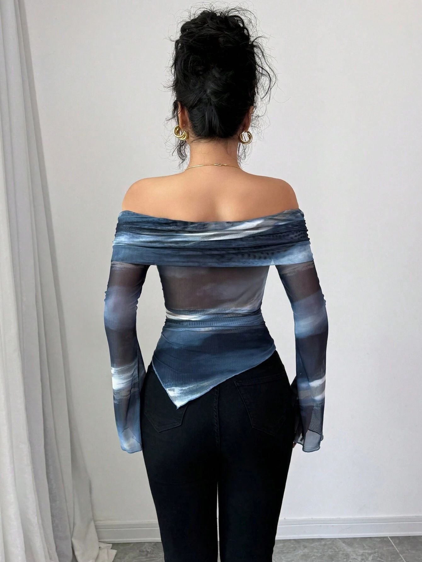 Shop Blue Bell Sleeve Off Shoulder Asymmetrical Top - for