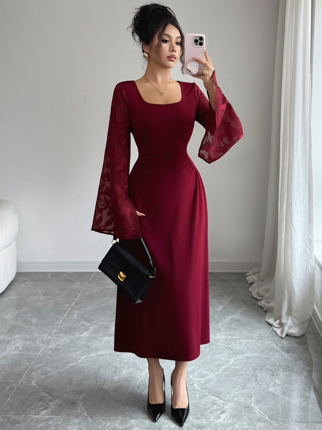 Maroon Bell Sleeve Scoop Neck Lace Detail Dress