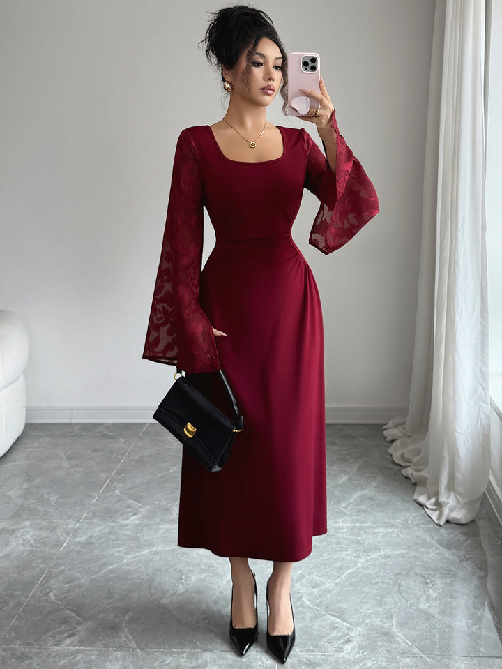 Maroon Bell Sleeve Scoop Neck Lace Detail Dress