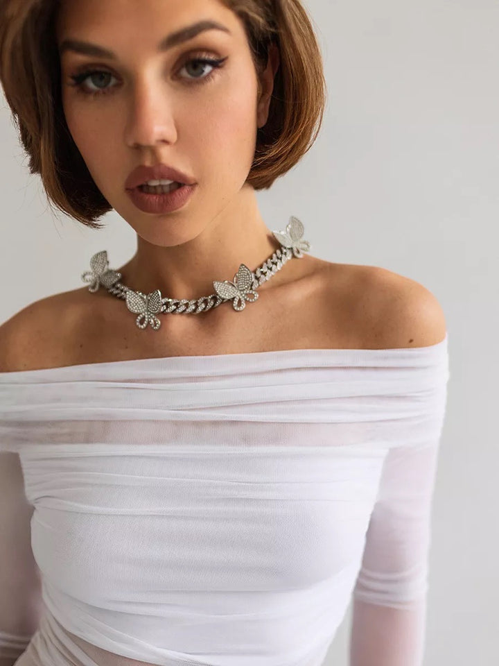 White Off-Shoulder Sheer Mesh Top