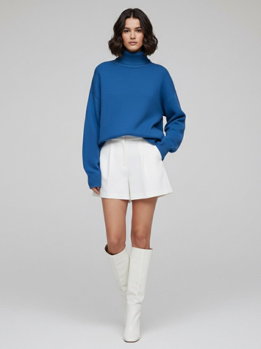 Blue Turtle Neck Oversized Solid Sweater