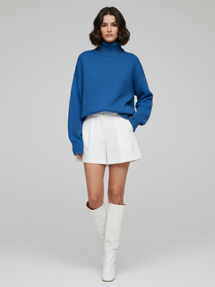 Blue Turtle Neck Oversized Solid Sweater