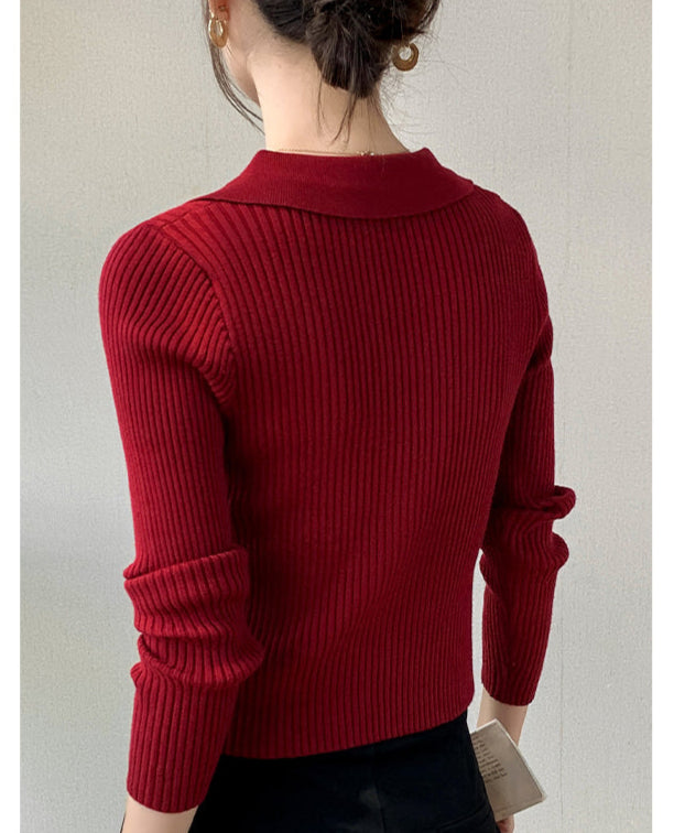 Red Full Sleeve Collared Front Zip Top