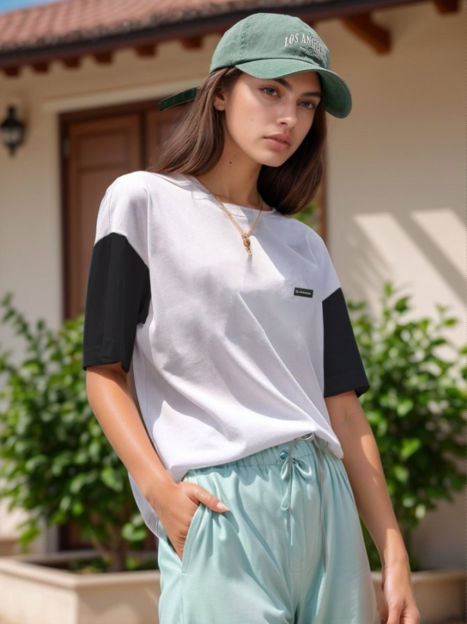White Contrast Sleeve Tshirt