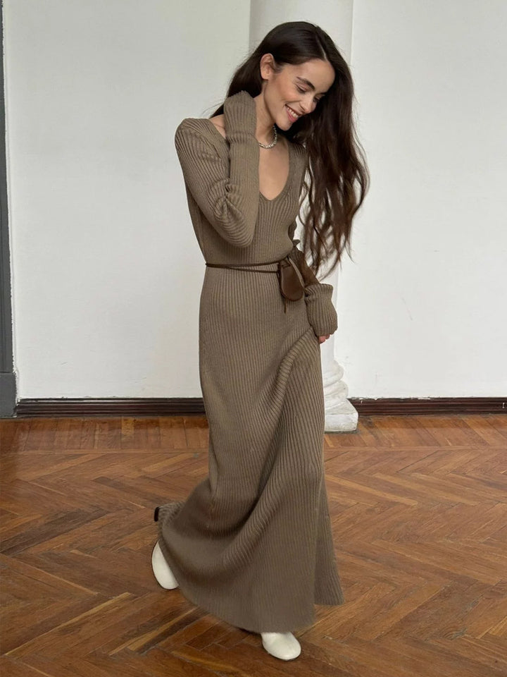 Taupe Full Sleeve V Neck Dress