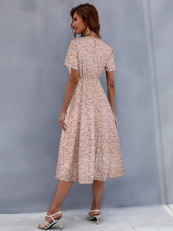 White Ditsy Print Waist Seam Fit And Flare Dress