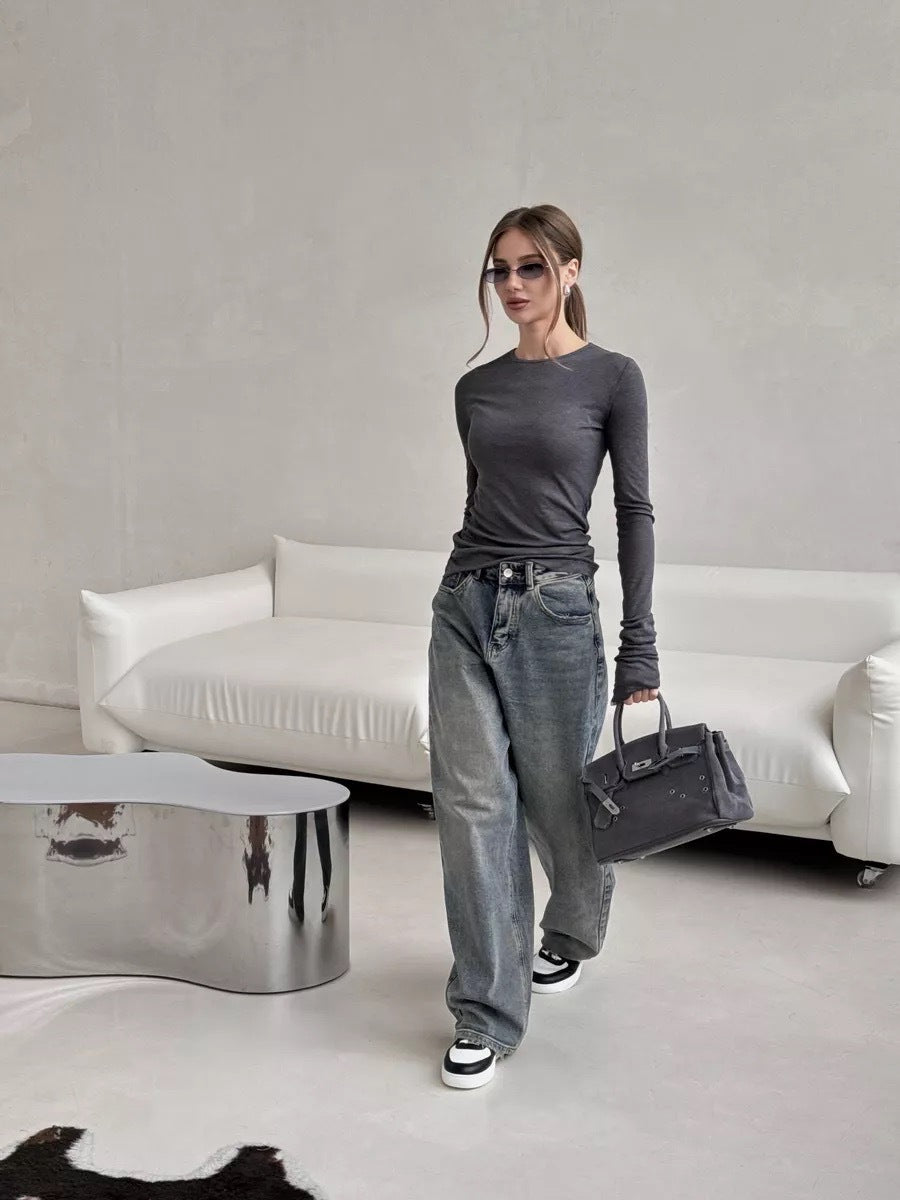 Grey Ruched Bell Cuff Sleeved Top