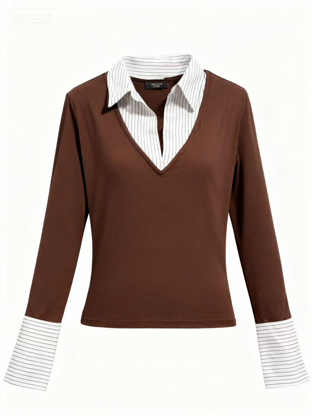Brown Full Sleeve Contrast Collar Fitted Top