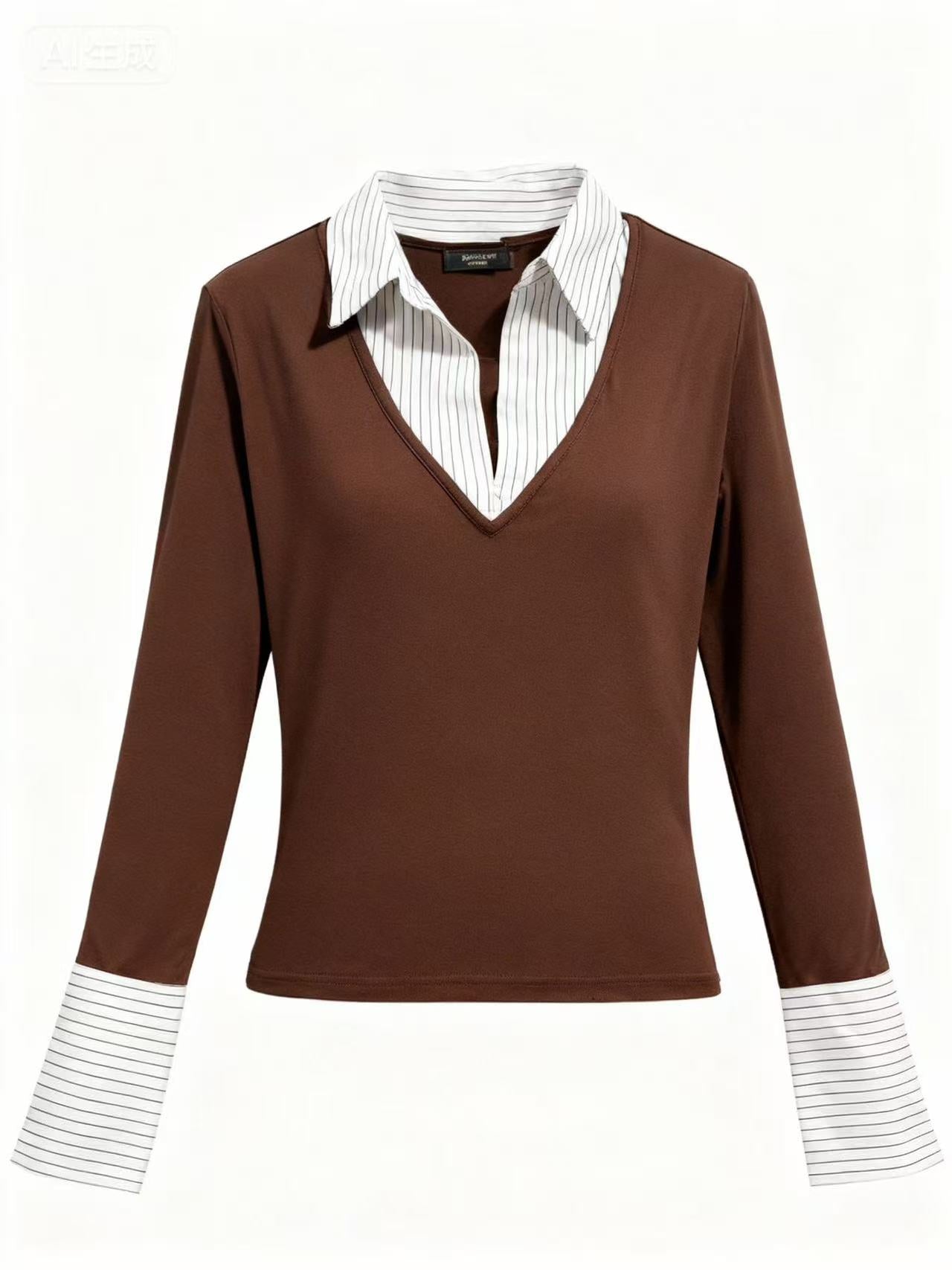 Brown Full Sleeve Contrast Collar Fitted Top