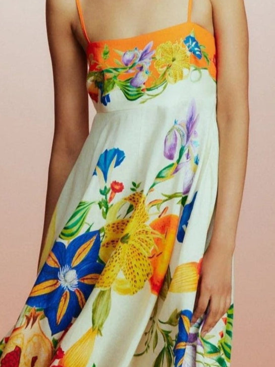 Orange Oriental Floral Print Fit And Flare Midi Dress
