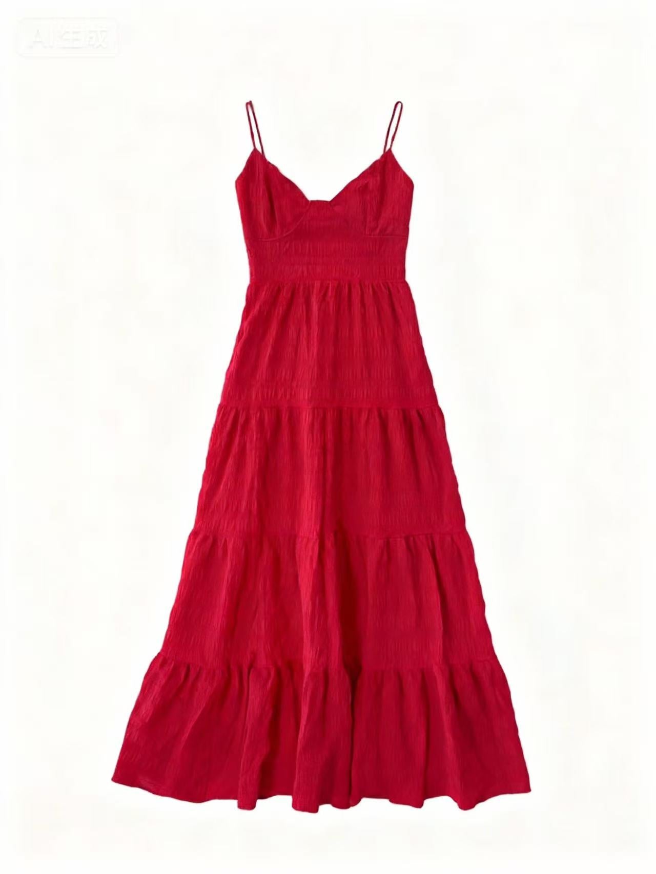 Red Shoulder Strap Back Bow Tiered Dress