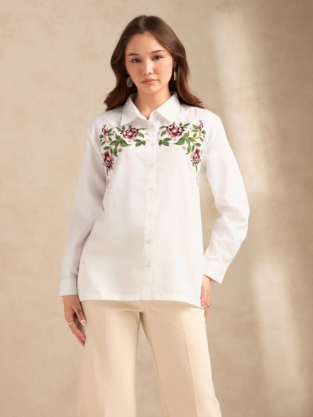 Off White Boxy Shirt With Embroidery Detail