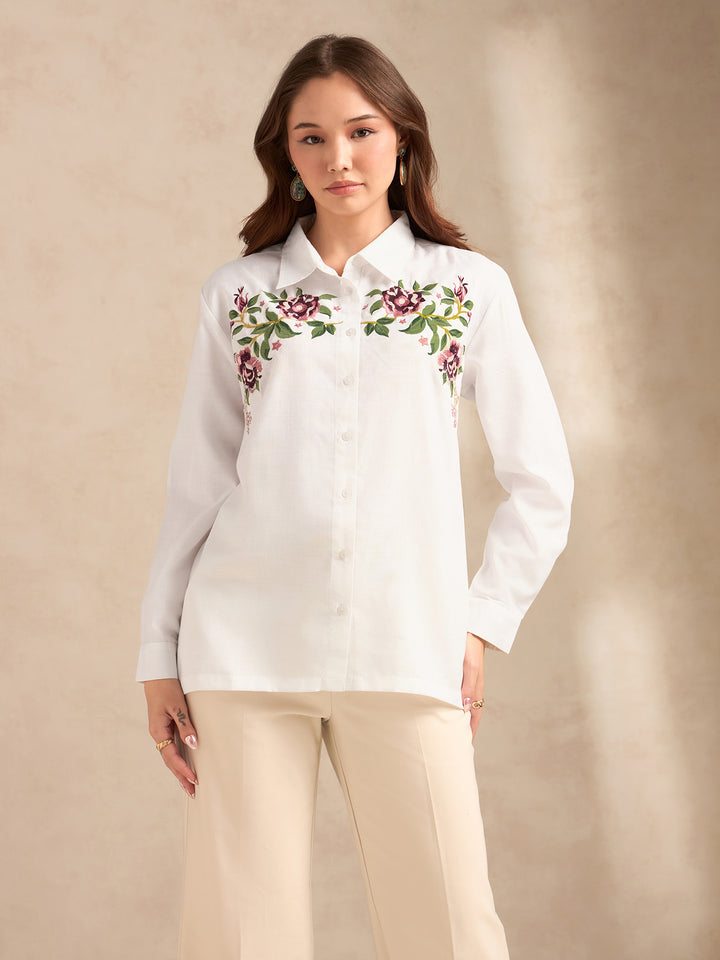 Off White Boxy Shirt With Embroidery Detail