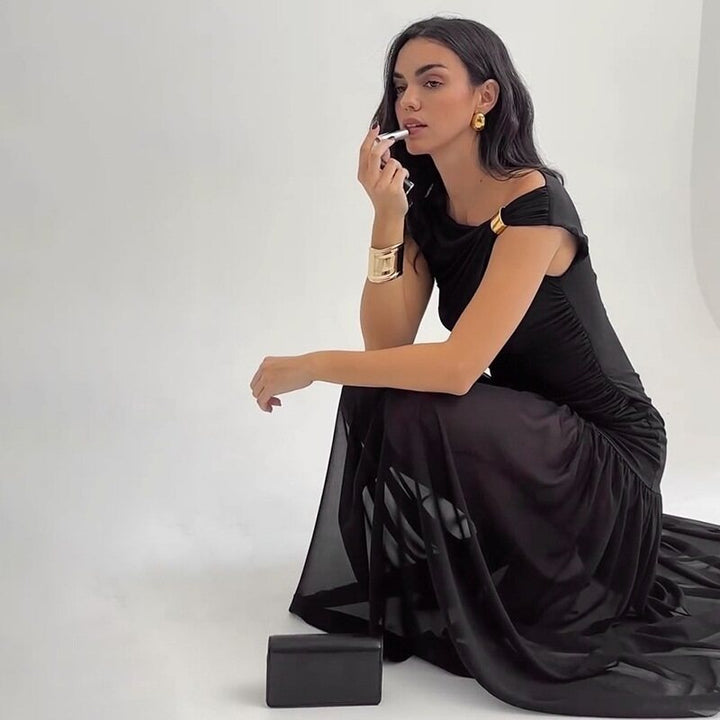Black Metal Detailed Strappy Flared Dress