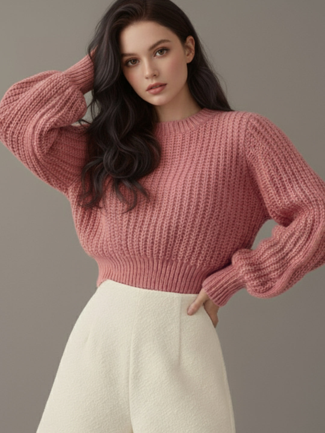 Pink Puff Sleeve High Neck Plain Chunky Sweater