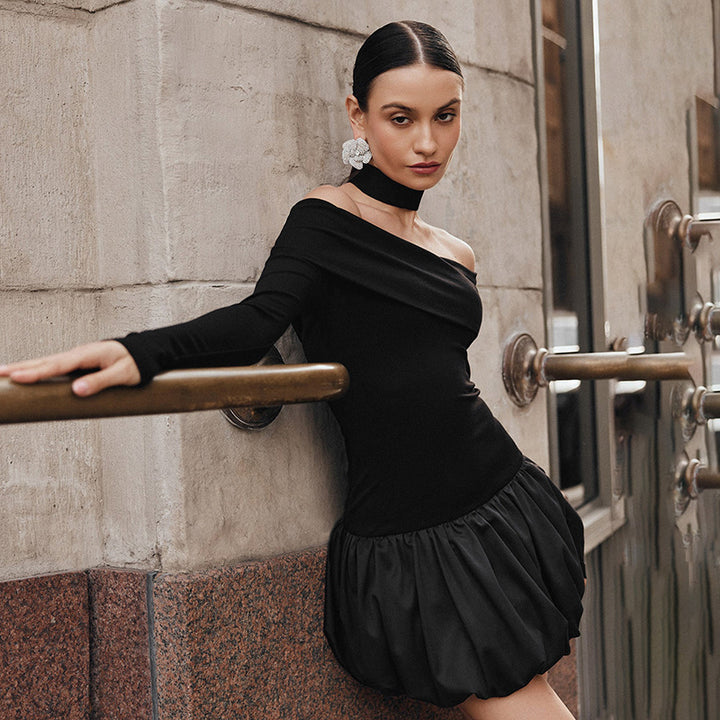 Black Bardot Top With Neck Tie Up Fitted Top