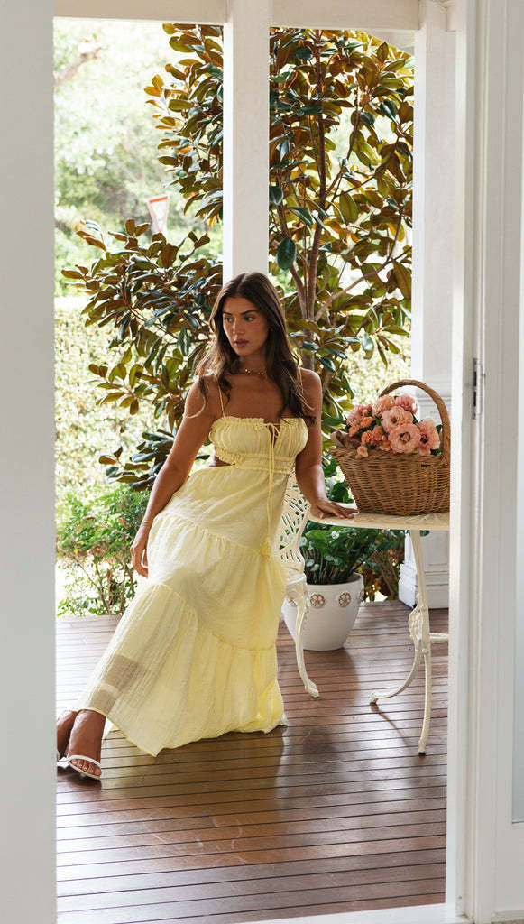 Yellow Noodle Strap Back Tie Up Dress